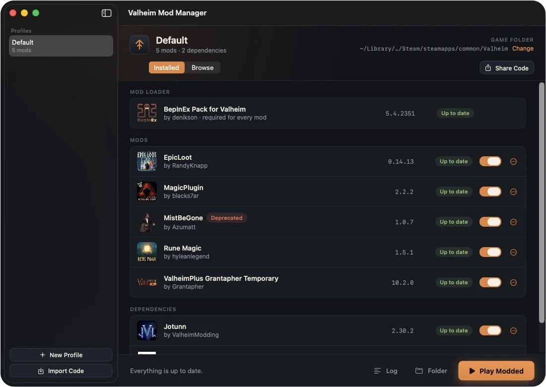 Valheim Mod Manager showing a profile with EpicLoot, MagicPlugin, Rune Magic and other mods, each marked up to date, with a Play Modded button.